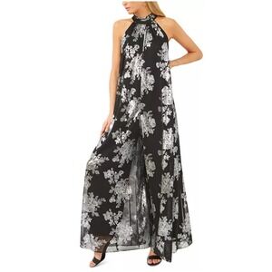 Msk Women's Black Metallic‎ Floral-Print Halter Wide-Leg Jumpsuit Size Small New